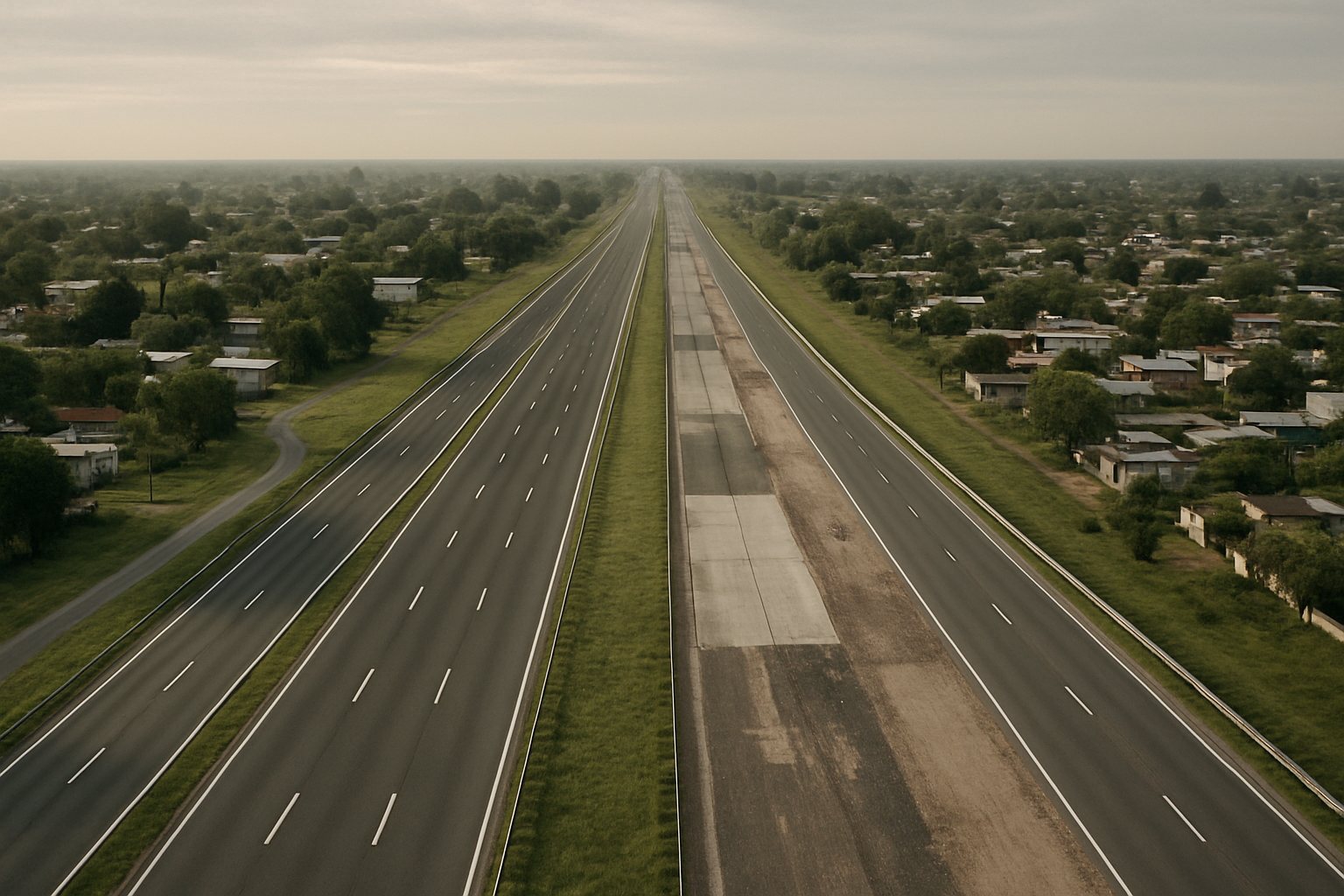 Vista aérea ilustrativa de una autopista inconclusa entre terrenos y áreas residenciales del Gran Buenos Aires.